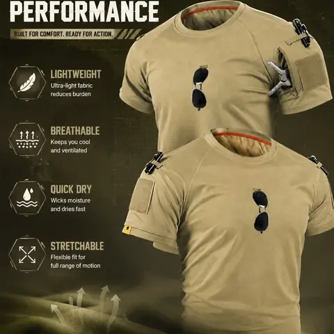 Men's Tactical T-Shirt, Round Neck Short Sleeve, Breathable Sports Tee, Quick-Dry Breathable, Quick Drying Sportswear, Outdoor Training Top, Multi-Function Zip Pockets, No Accessories Included, Athletic Workout Tees, Activewear Clothes