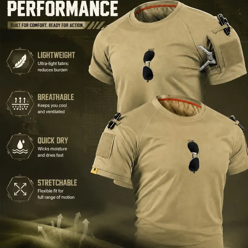 Men's Tactical T-Shirt, Round Neck Short Sleeve, Breathable Sports Tee, Quick-Dry Breathable, Quick Drying Sportswear, Outdoor Training Top, Multi-Function Zip Pockets, No Accessories Included, Athletic Workout Tees, Activewear Clothes