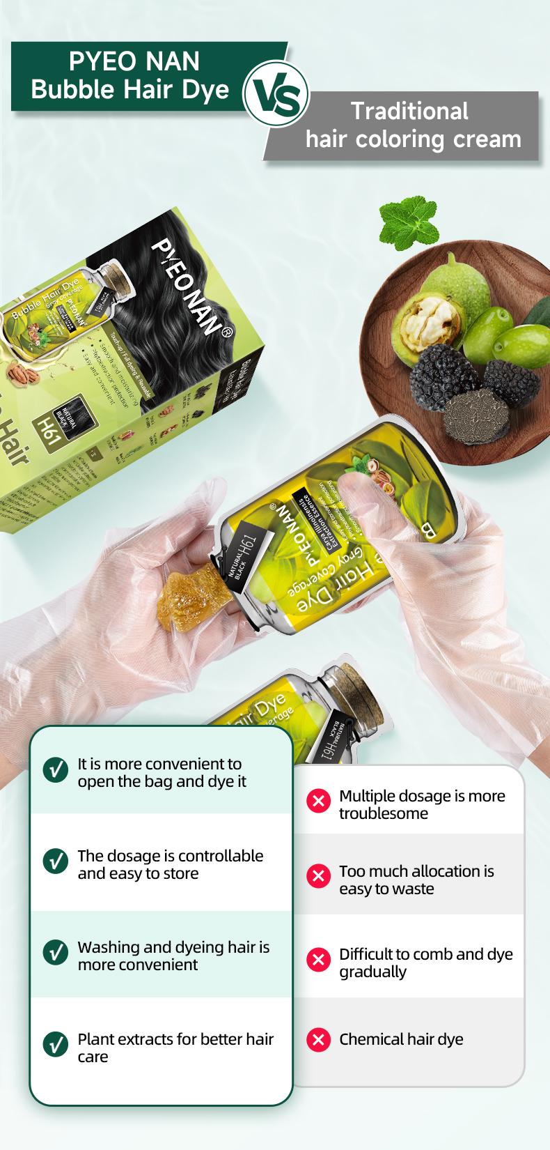 PYEONAN Unisex Bubble Hair Dye, Black or Dark Brown with Herbal Ingredients, No Bleaching, Ammonia-Free, 10 Bags Hair Color 5.6 Oz./160g Haircare Coloring, Springtok