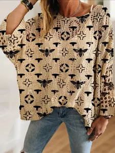 Women's Bohemian Bee Floral Geometric Print Round Neck Long Sleeve Knit Hollow Out Top, Casual Elegant Vacation Style Womenswear