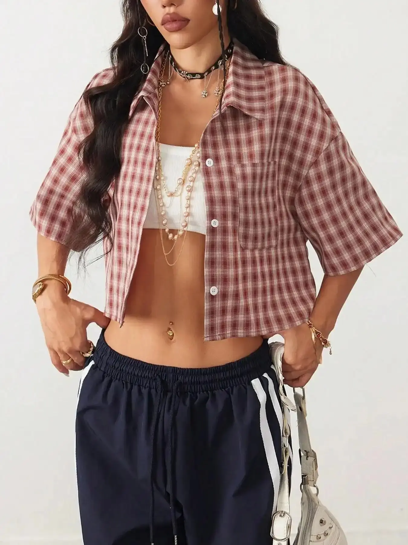 Women's Effortless Summer Vintage College Style Plaid Loose Crop Top Blouse Shirt, Perfect for New Year Christmas Wear, Casual Fashion, Cropped, effortless layering, chic everyday, refined casual