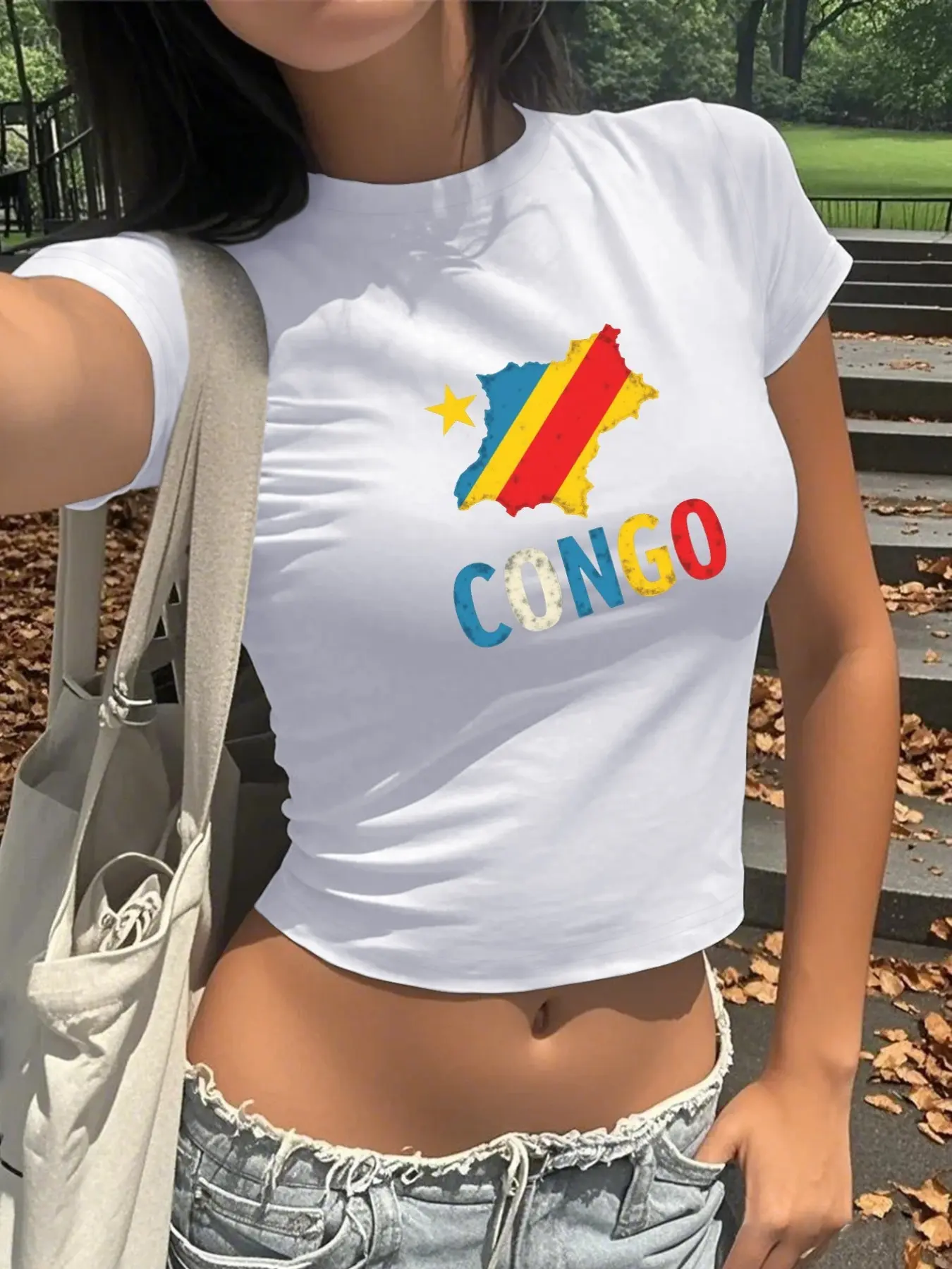 Summer Women's Short Sleeve Casual Round Neck T-Shirt, Casual Everyday Fashion Congo Map Print, Street Style Streetwear Trendy Top, Solid Color Crop Tee, Ladies' Clothing Womenswear