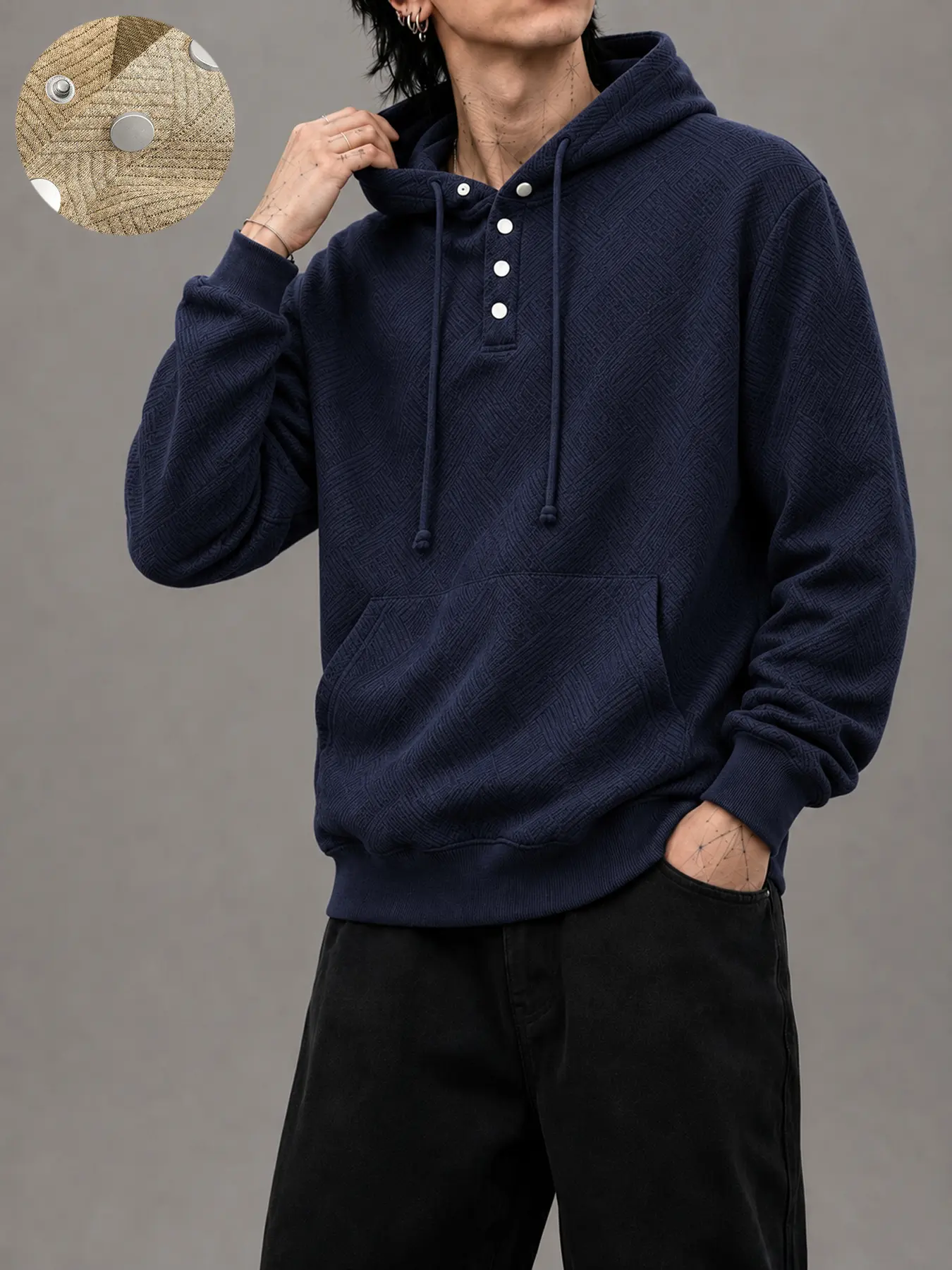 Men's Textured Jacquard Hoodie, Snap Button Henley Neck, Relaxed Fit Pullover