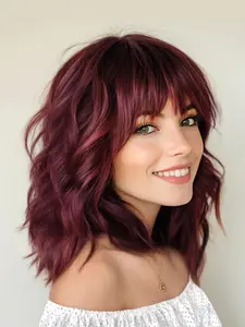 16Inch Short Wine Red Wig with Bangs Bob Curly Wavy Hair Wigs for Women Burgundy Shoulder Length Style Wig Synthetic Heat Resistant Wig for Everyday Hairstyle