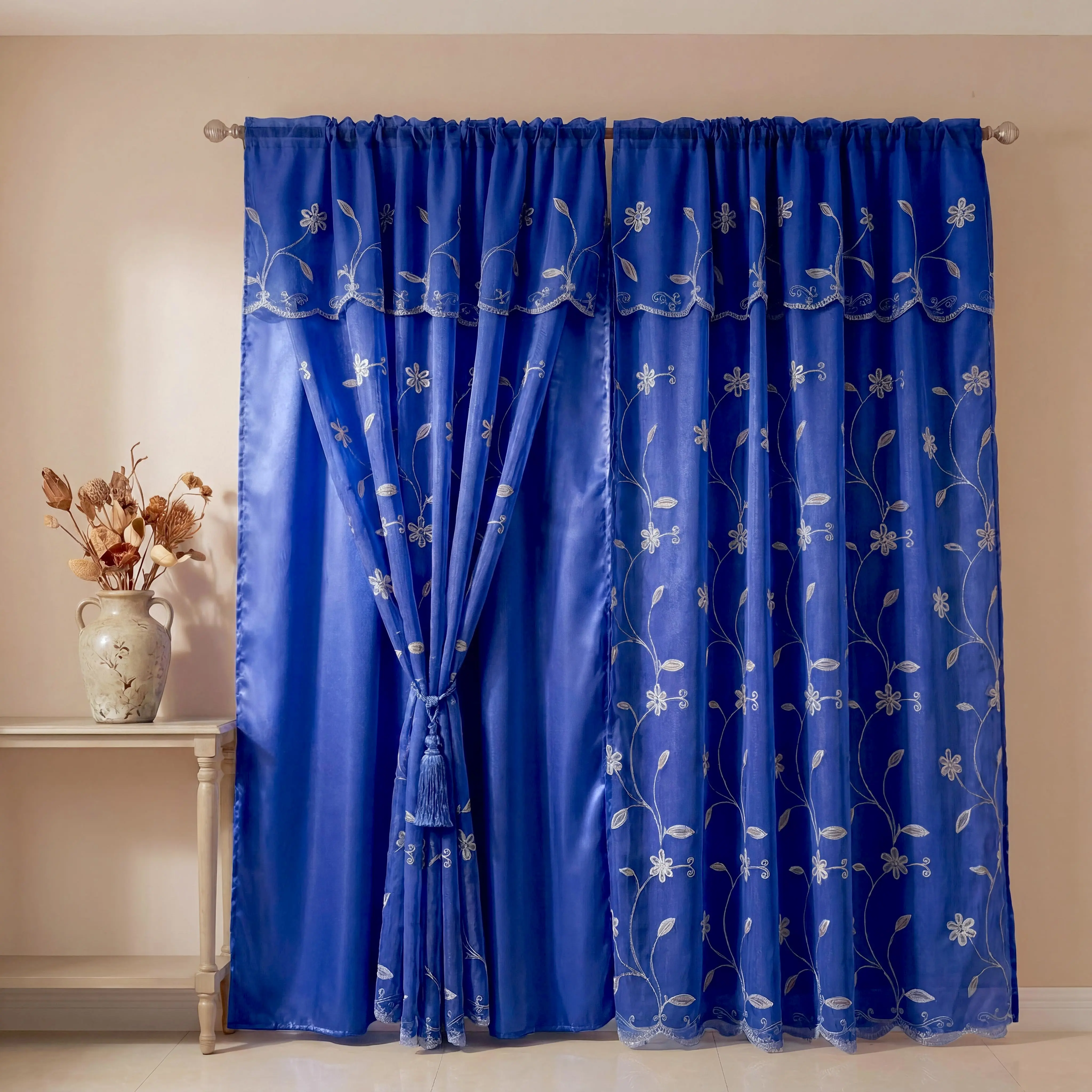 Luxury Embroidered Valance Curtains 2 Panels Set 52x84 Inch with Matching 52x18 Topper, Double Layer Rod Pocket Drapes with Satin Blackout Lining, Vintage European Needlework Window Treatment, Warm Classic Decor for Living Room Bedroom Mansion QF29