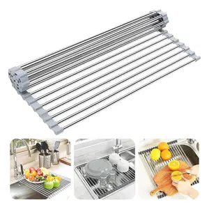 Dish Drying Rack Roll Up Sink Drying Rack, Over The Sink Dish Rack Multi-Use Stainless Steel Dish Drainers Heat Resistant Mat for Drying Draining Trivet。The best holiday gift for your family！