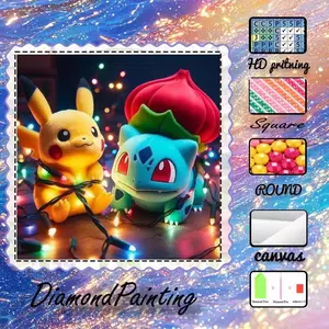 5D-DIY, high-grade flocked canvas, diamond art, diamond painting kit, "Pikachu," "Bulbasaur," "colorful lights" AB diamonds, fairy dust diamonds, crystal diamonds, perfect home decoration, handmade diamond art painting kit, special craft diamond art kit.
