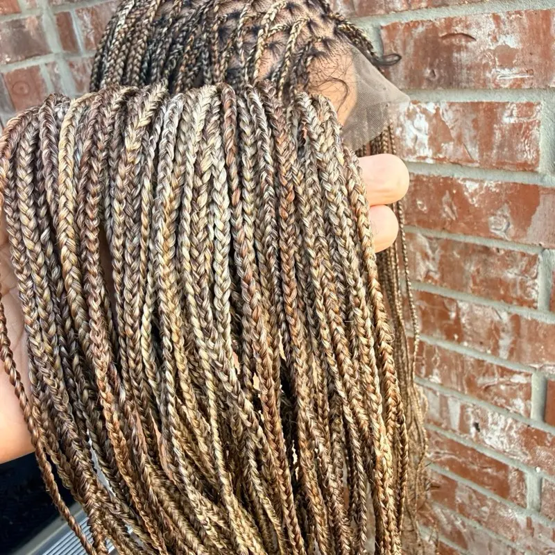 360 full lace micro knotless braids in 30 inches, 613  mix. made with synthetic full lace. medium cap (cap size 21-22.5 inches )