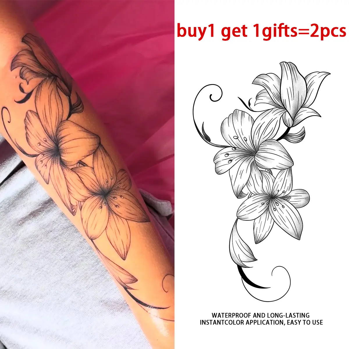 Black Grey Line Shading Lily Floral Temporary Tattoo Sticker - 2 Sheets Waterproof Realistic Fake Tattoos, Fine Sketch Curly Vines Style, for Women Forearm Wrist, All Skin Types Ideal for Swimming, Festival, Photoshoot