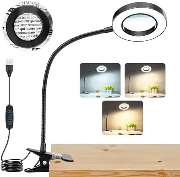 10X Magnifying Glass with Light Clip on Magnifier with Light 48 LED Desk Magnifier with Clamp 3 Modes Dimmable Magnifying LED Lamps for Bed Work Crafts DIY Repair
