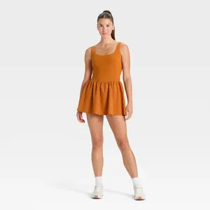JoyLab Women's Game Day Bubble Skort Active Dress - Square Neck Sleeveless Mini Dress with Built-in Bra & Shorts