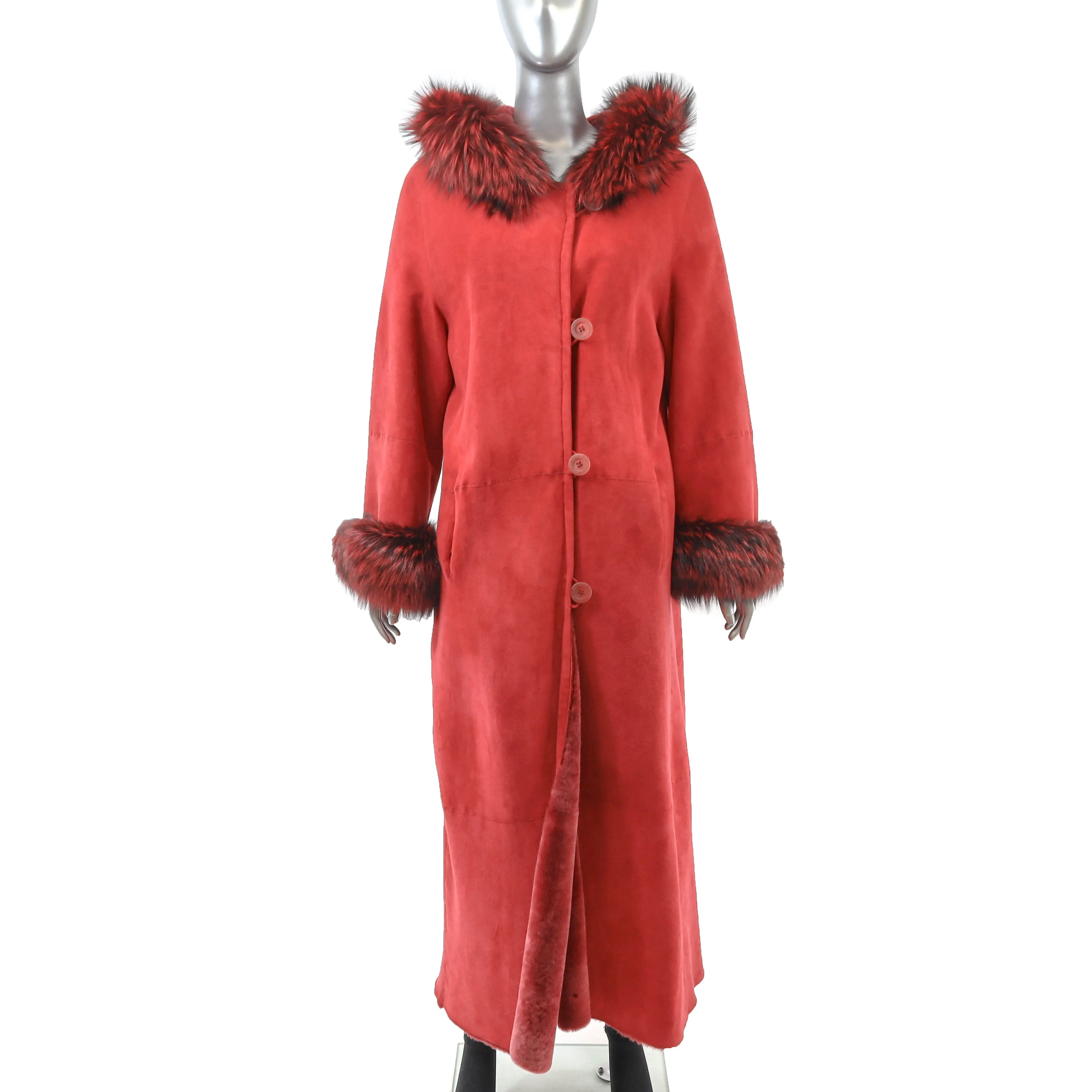 Bisang Red Hooded Shearling Coat with Fox Trim- Size M
