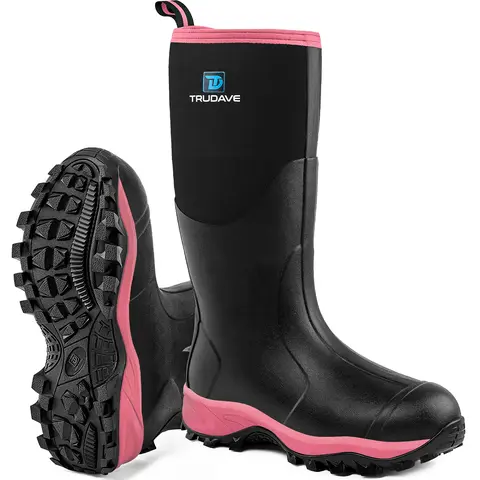 Women's Trudave Rubber Boots (No Steel Toe, 6mm, All Seasons) - Waterproof Insulated, Anti-Slip, Irregular Tread, Steel Shank, Lightweight Breathable Outdoor Work Mud Rain Boots, Sizes 6-11, Black/Pink (Back to School)