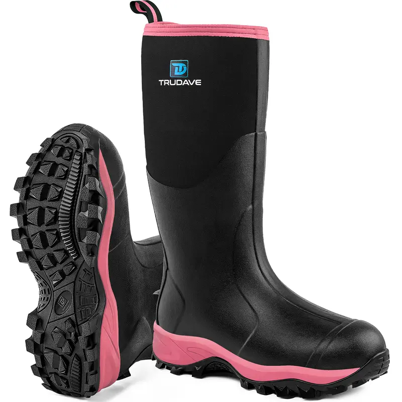 Women's Trudave Synthetic Footwear - 6mm Waterproof Insulated Slip-On Outdoor Work Mud Rain Shoes for Women, Anti-Slip Irregular Tread, Steel Shank, Lightweight Breathable, Sizes 6-11, Black/Pink (No Steel Toe, All Seasons),outdoorfun
