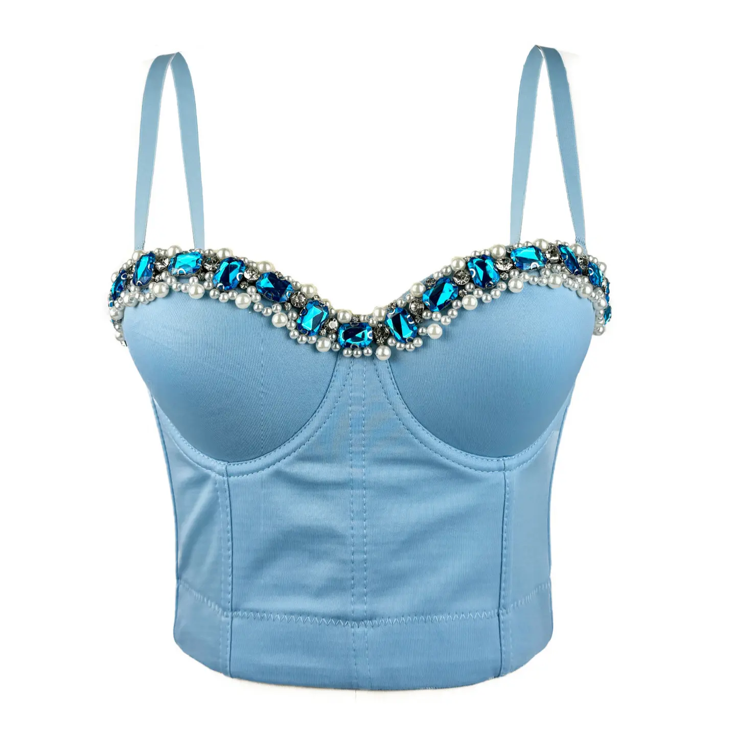 Rhinestone Beaded Corset Top, Women's Sleeveless Cropped Bustier with Fishbone Boning for Nightclub Party Wear
