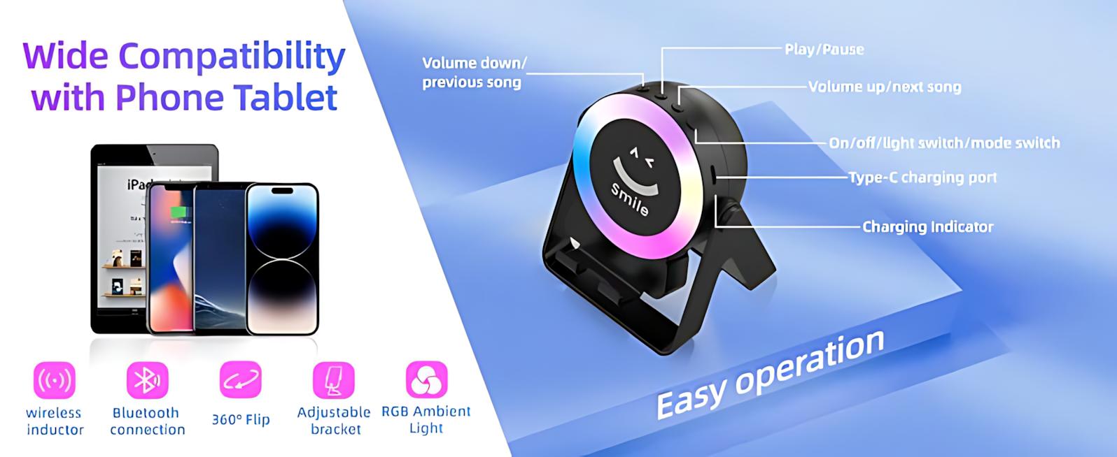 5-in-1 Bluetooth speaker with phone stand, power bank, LED light, wireless induction audio, and a 360° adjustable tablet holder; emergency charging (1500/3500 mAh); color ambient lighting; suitable for iPhone and Android; ideal for home, office, and trave 5-in-1 Bluetooth speaker with phone stand, power bank, LED light, wireless induction audio, and a 360° adjustable tablet holder; emergency charging (1500/3500 mAh); color ambient lighting; suitable for iPhone and Android; ideal for home, office, and trave