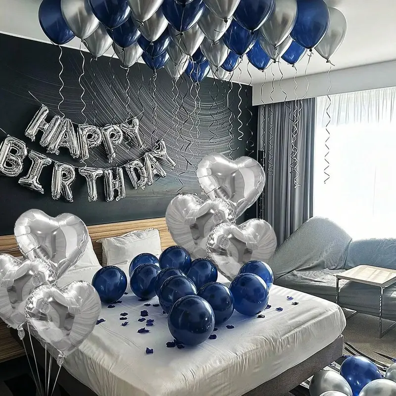 61pcs Silver and Blue Balloon Set for Party Holiday and Birthday Includes 16 Inch Foil Letter Balloons Silver Heart Foil Balloons Metallic Silver and Matte Navy Blue Latex Balloons Red Light Eye Therapy Mask Plastic Dice PE Material Multicolor Decorations