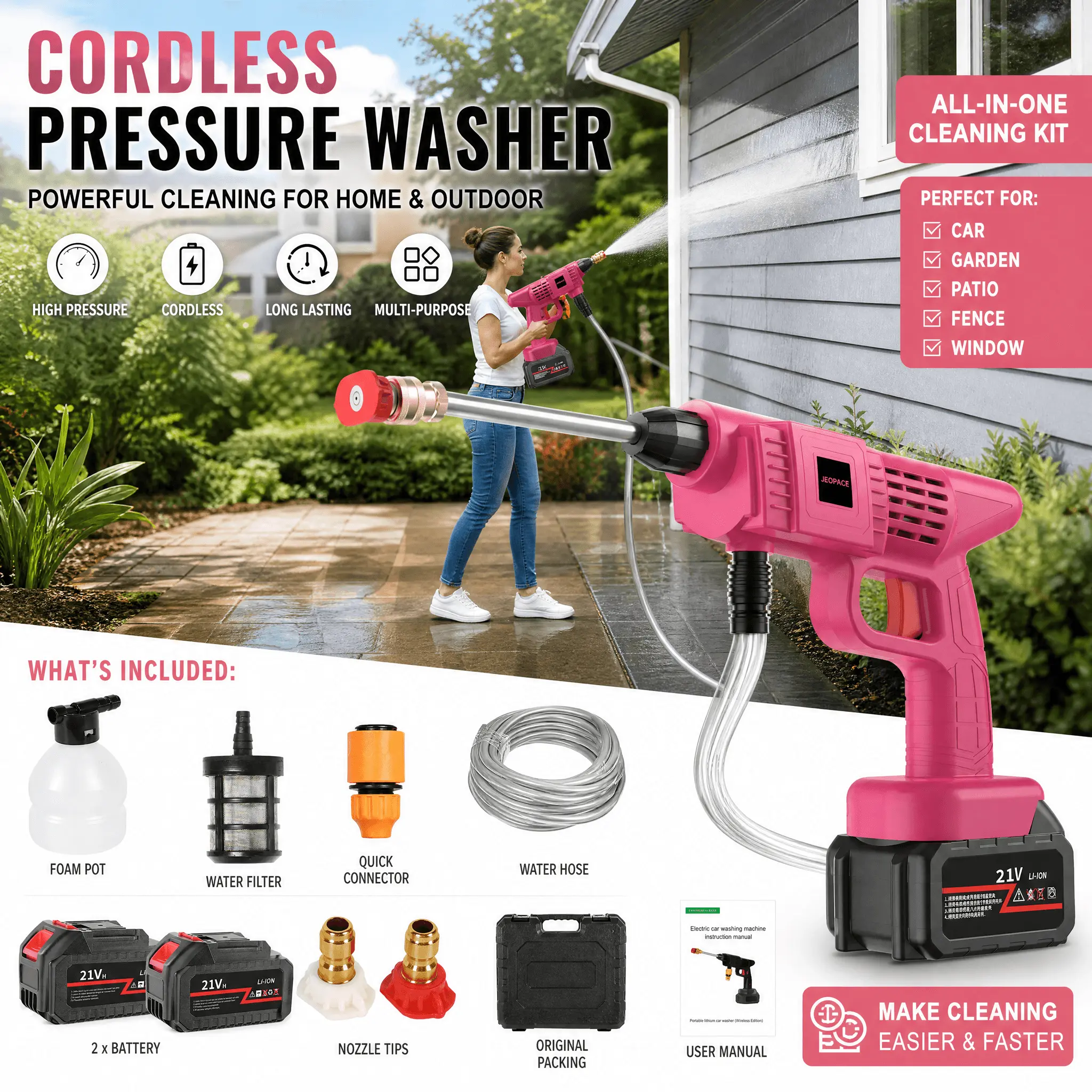 2026 New Handheld Battery-Operated Pressure Washer (21V, 2 Batteries) - Pressure Cleaning Machine, Car Wash Sprayer, 4 Adjustable Nozzles, 3 Multi-Mode Settings, Built-In Filter, for Courtyard & Vehicle Use