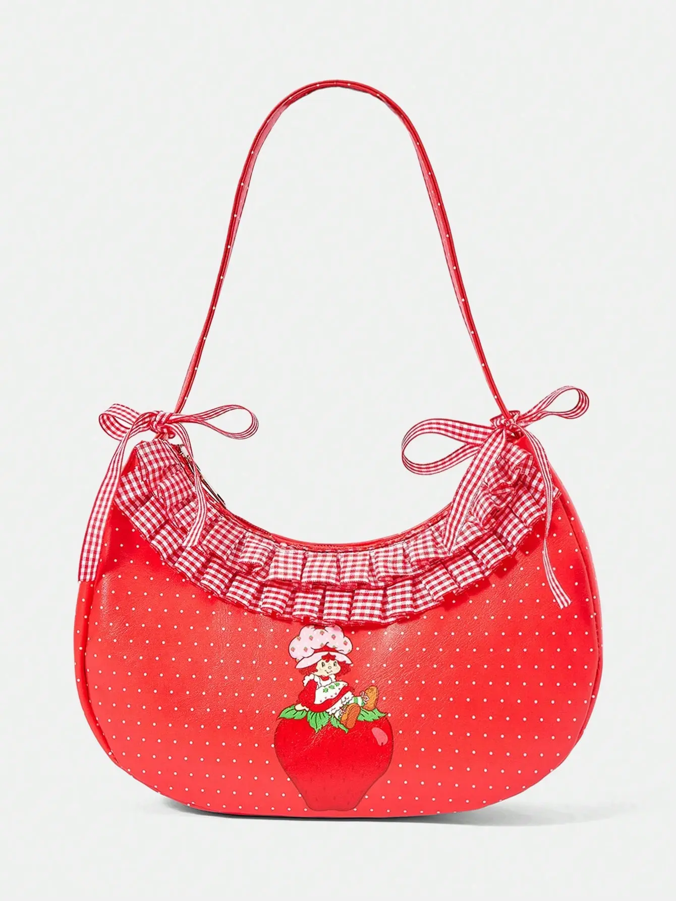 Strawberry Shortcake Women's Fashion Polka Dot & Strawberry Print Ruffle Shoulder Bag, Strawberry