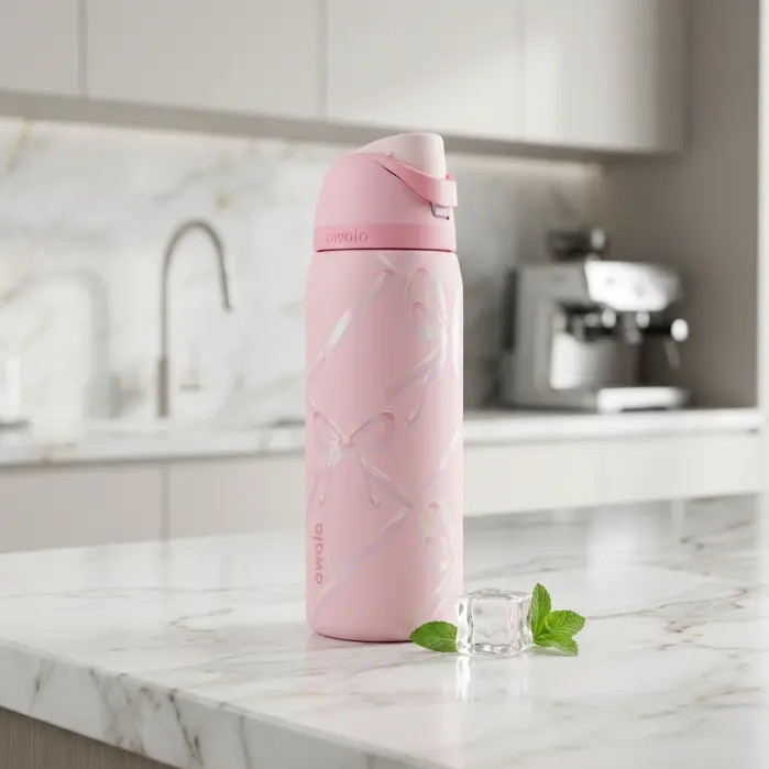 Owala 32oz Stylish Blush Pink Bow Insulated Stainless Steel Water Bottle - Portable Tumbler with Drink Lid for School & Gym, Hydration Bff