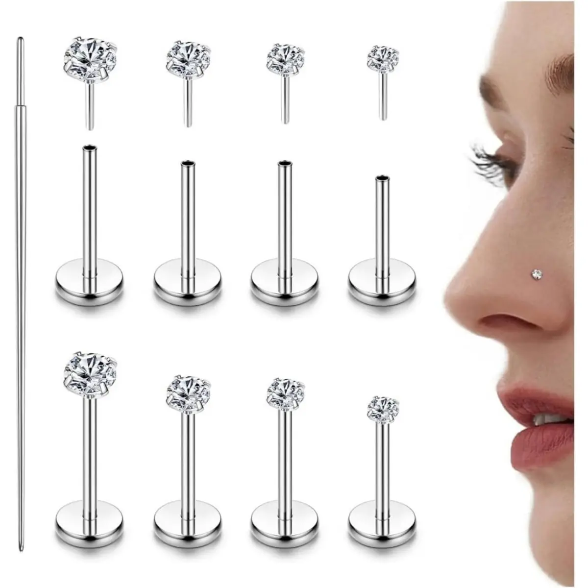 Silver Tone-20G-1.5/2/2.5/3mm CZ