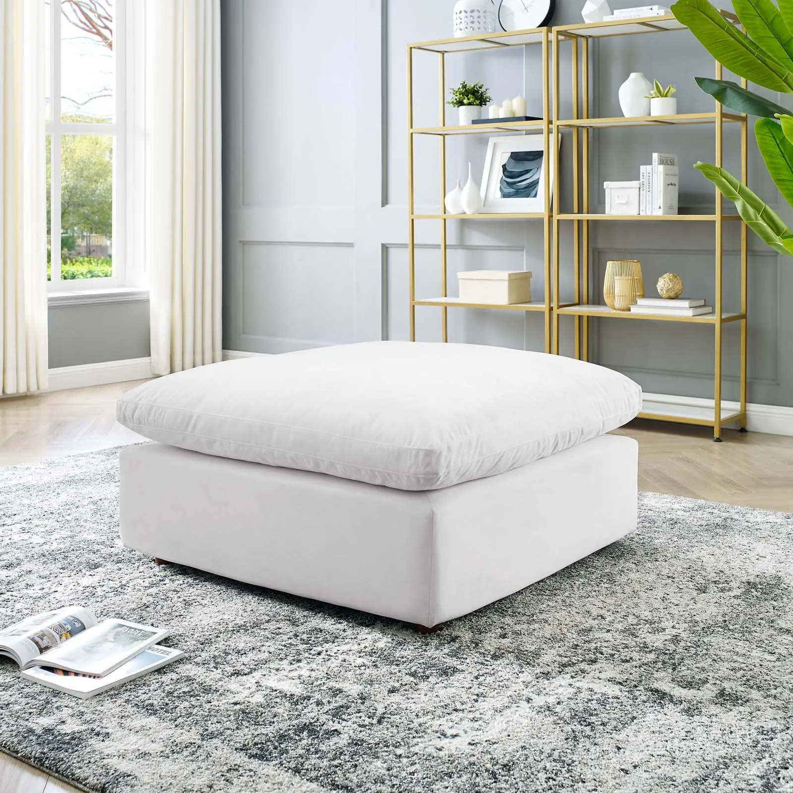 Modway Commix Down-Filled Overstuffed Performance Velvet Ottoman - White Furniture with Foam, Lounge-Ready Design for Interior Spaces, Living Room