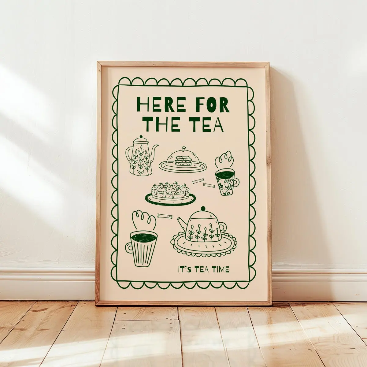 Here for the Tea Poster, Funny Tea Wall Art, Whimsical Teapot Print, Cozy Kitchen Decor, Retro Teacup Artwork, Gift for Tea Lovers, Unframed