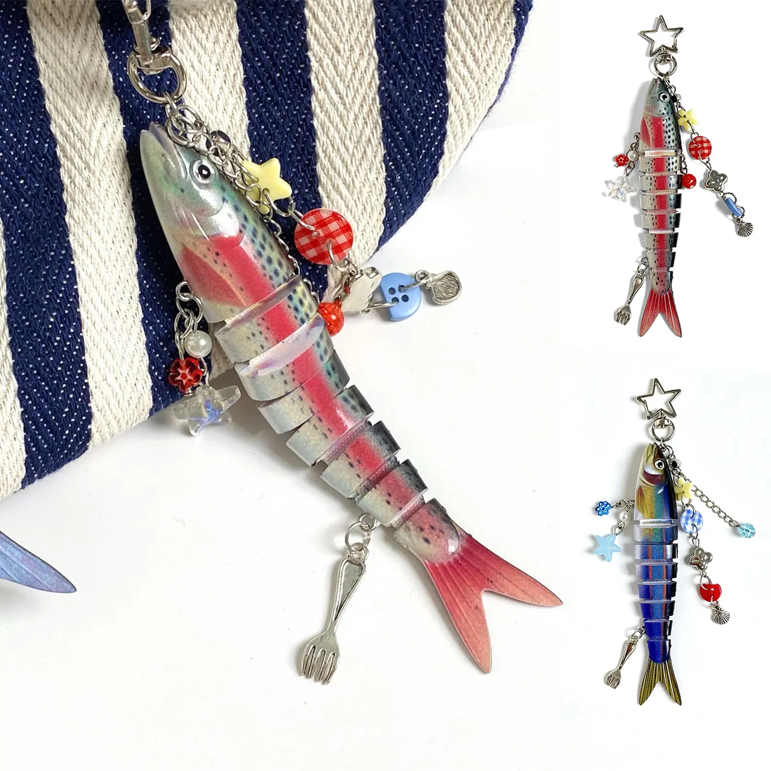 1Pcs Novelty Fish Keychain - Jointed Fish Pendant with Beaded Star Charms, Unisex Y2K Ocean Fashion Accessory, Keychain Attachment for Backpack Keys (Note: Small Parts Included)