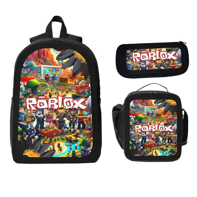 Roblox Gamer Classic Printed 3-Piece Backpack Set for Boys Girls, Cool Video Game School Backpack with Lunch Box and Pencil Case, Lightweight Durable Bookbag Kids Teens Gift, Water Resistant Large Capacity Back to School Bag for Elementary Students