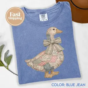 Comfort Colors Faux Patchwork Grandmacore Goose T-Shirt, Easter Graphic Tee, Floral Retro Coquette Duck Shirt, Cottagecore Gingham Spring Tee, Graphic Print Shirt - TrendWear USA
