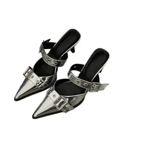 Women's Pointed-Toe Metal-Buckle Kitten-Heel Mules, Stylish & Trendy
