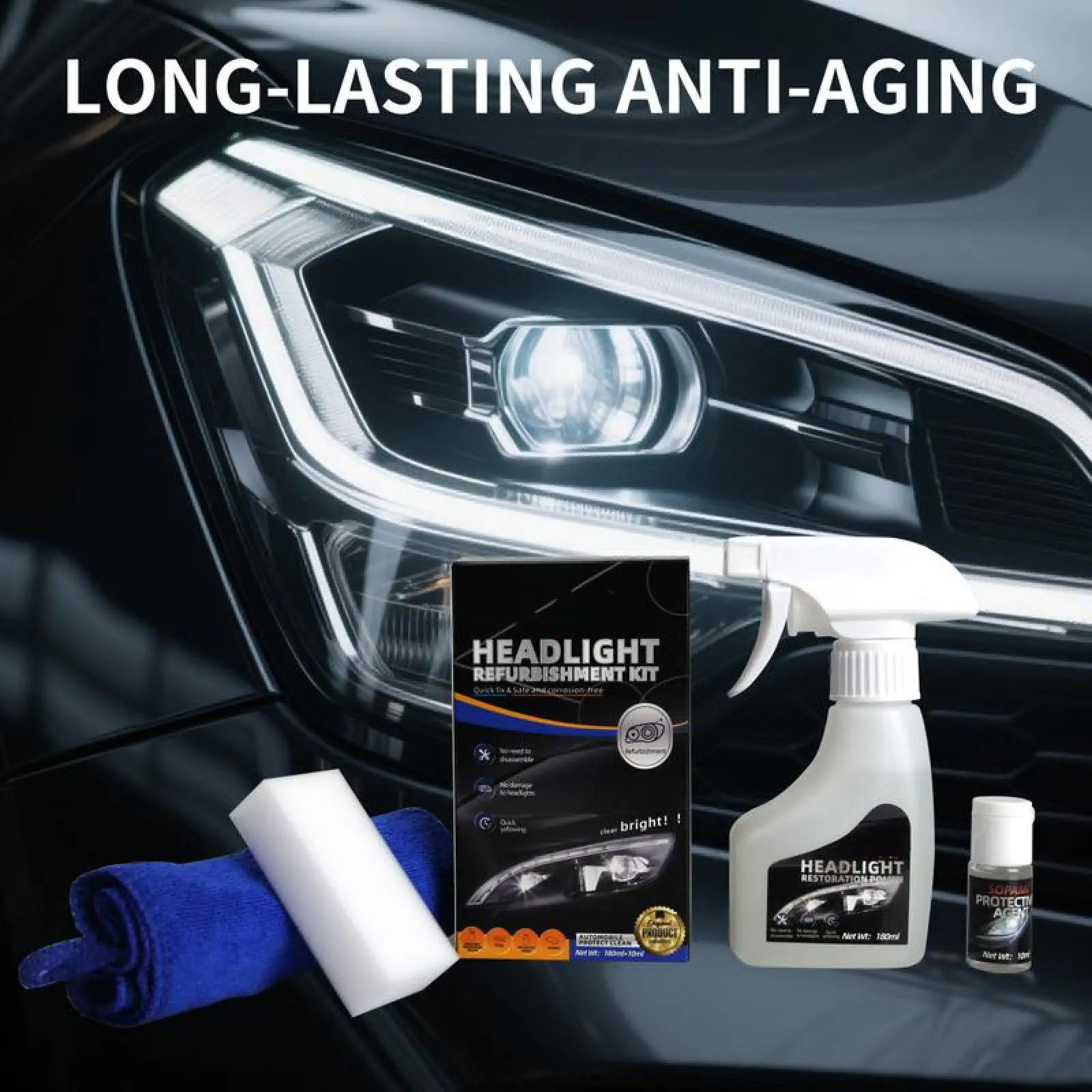 Automotive Headlight Restoration Fluid, Car Headlamp Oxidation-Yellowing Fixer, Blur Correction & Enhanced Crystallization Coating Refurbisher