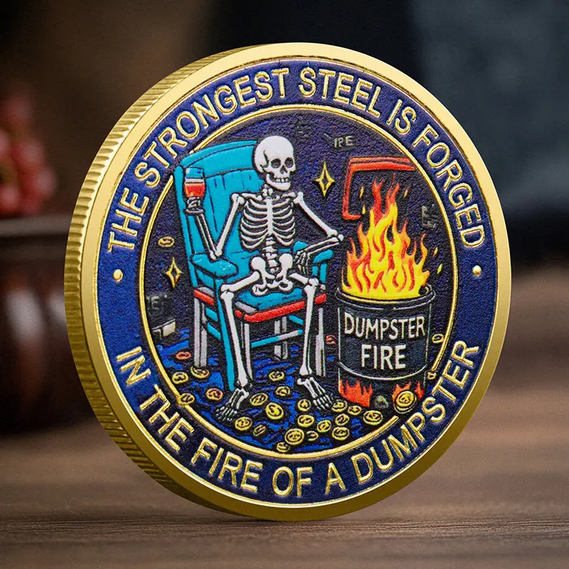 1pc Bold Gothic Skeleton Commemorative Collectible Coin - Halloween Themed, Blue Enamel, Golden Coated Metal, Gothic Elegance Home Decor with Unique Design, "The Strongest Steel Forged in Dumpster Fire" Skeleton + Fire-Steel Quote