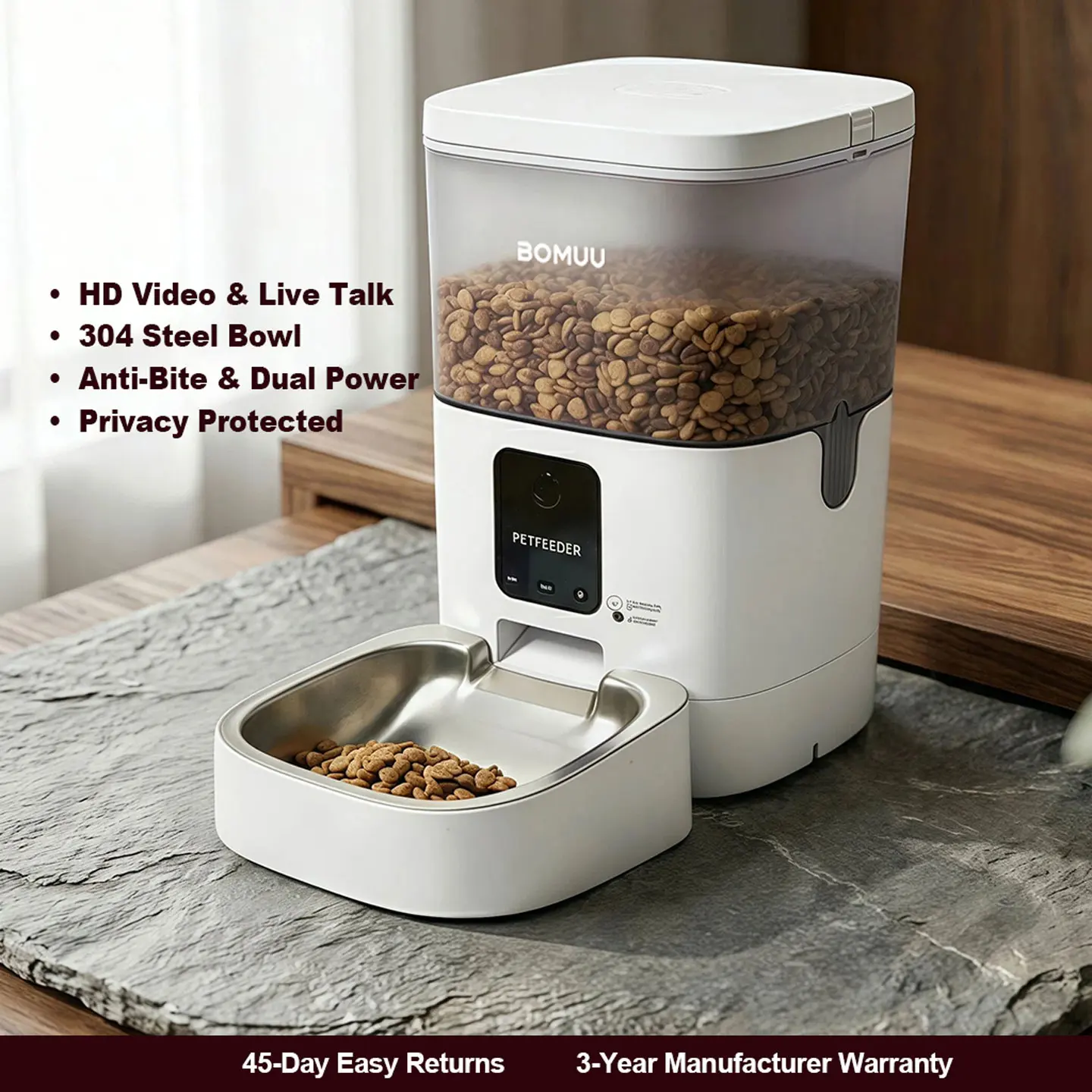 BOMUU 4L ABS Smart Feeding Automatic Feeder for Cats & Dogs, 1080P HD Visible Video, 2.4G WiFi APP Remote Feeding, 8 Daily Timed-Portioned Meals, Voice Intercom, 10s Recording, Dry Food Dispenser with Desiccant Bag, Detachable Design