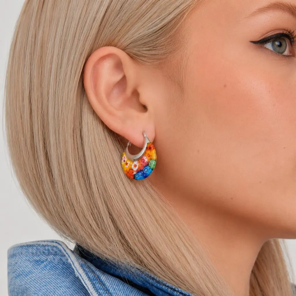 Murano Style Crescent Moon Shape Earrings in Stainless Steel