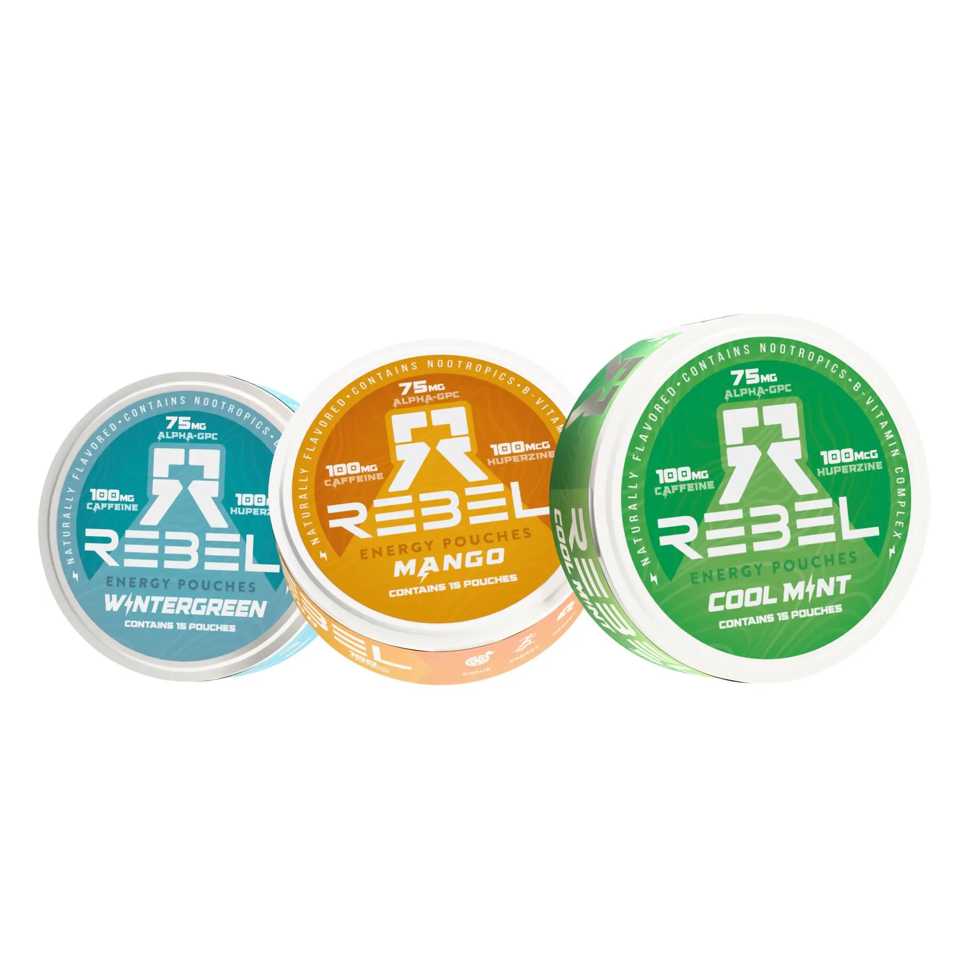 Rebel Energy Caffeine Nootropic Pouches for Energy & Focus Sugar-Free with 100mg Caffeine Alpha-GPC Huperzine A Vitamins B1 B6 B9 15 Pouches Per Can Natural Mint Flavor Clean Energy Boost