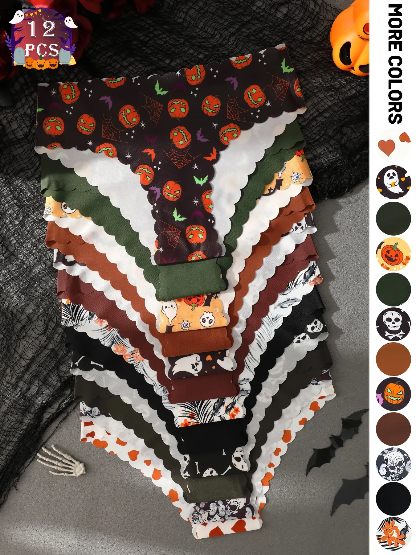 12 Pack New Women's Halloween Wavy Briefs Full Print Pumpkin Skull Ghost Love Multi-Pattern Briefs Fall and Winter Simple Color Comfortable Seamless Women's Briefs