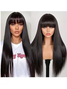 Silky Soft Brazilian Native Human Hair Wig with Bangs, Density 180% Straight, Natural Color, Glueless Full Weave, Multiple Sizes