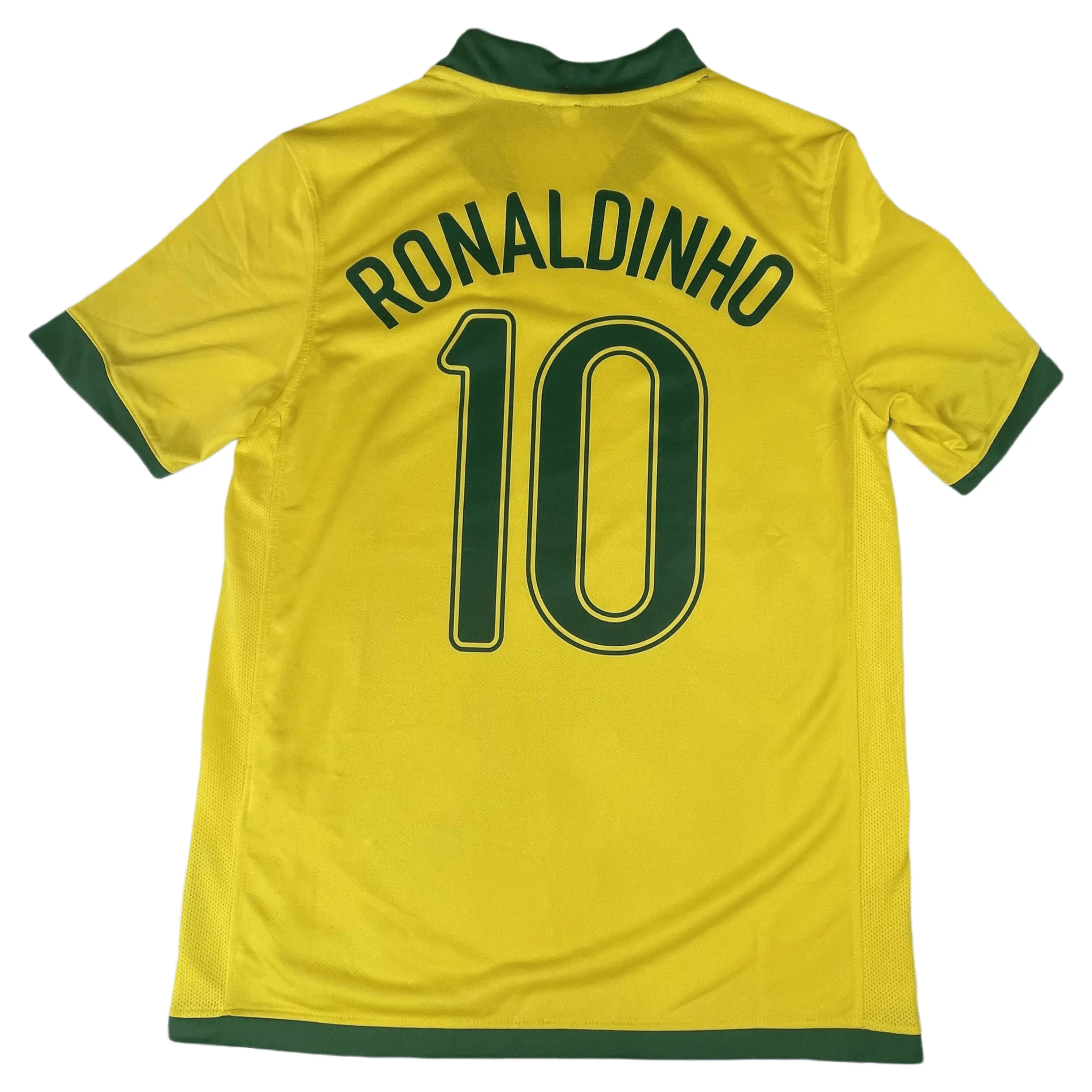 2006 2008 Home Retro Yellow Green Trim No.10 Ronaldinho Short Sleeved Soccer Jersey