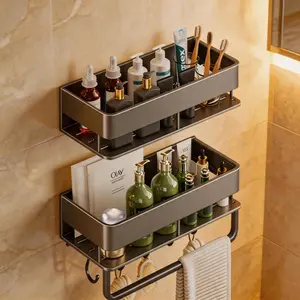 2 Pack Shower Caddy Shelf Organiser, No Drill Bathroom Shelves with Towel Bar & Hooks, Rustproof Aluminum Shower Organizer for Inside Shower & Kitchen, Gray, 30cm