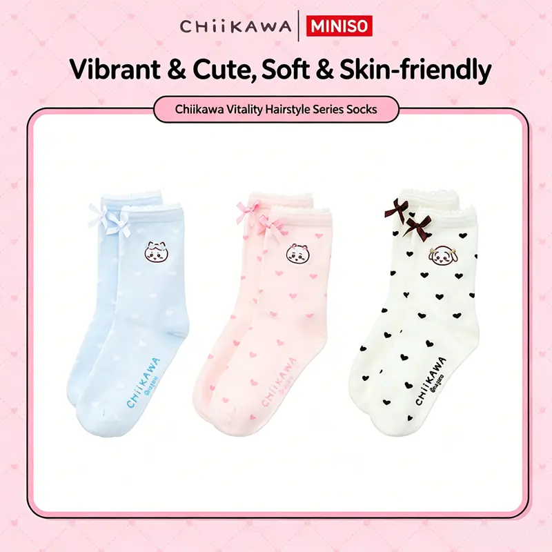 【New Arrival】MINISO Licensed Chiikawa Fresh Hairstyle Crew Socks Featuring Hachiware & Usagi, Breathable Cotton Blend Ideal for Summer Wear, Soft Elastic Casual Ankle Socks with Cute Cartoon Prints, Comfort Daily Footwear & Lovely Gifts for Chiikawa Fans