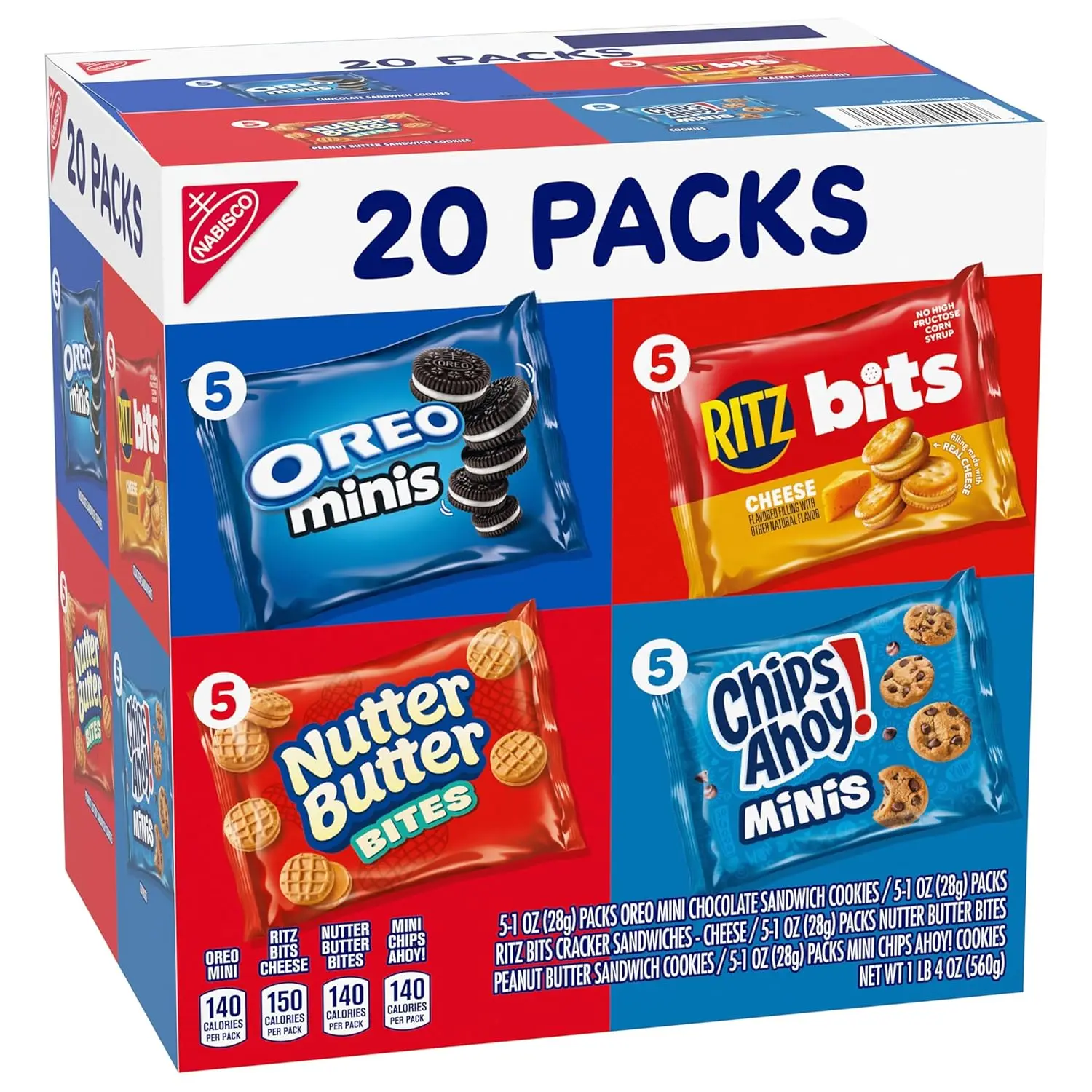 Nabisco Assorted Snack Variety Pack - OREO Minis, Nutter Butter Bites, CHIPS AHOY! Minis Cookies, RITZ Bits Cheese Sandwich Crackers (20 Individual Packs)