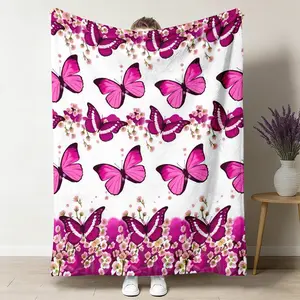 Pink Butterfly Floral Throw Blanket, Watercolor Rose Flannel Blanket, Soft Cozy Warm Throw, Cute Flower Garden Design, Gift for Her Girlfriend Daughter, Romantic Spring Bedroom Living Room Couch Decor