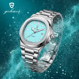 GOHUOS Luxury Military Man Watch Square Waterproof Luminous Date Week Men Watch Stainless Steel Quartz Men's Watches with box