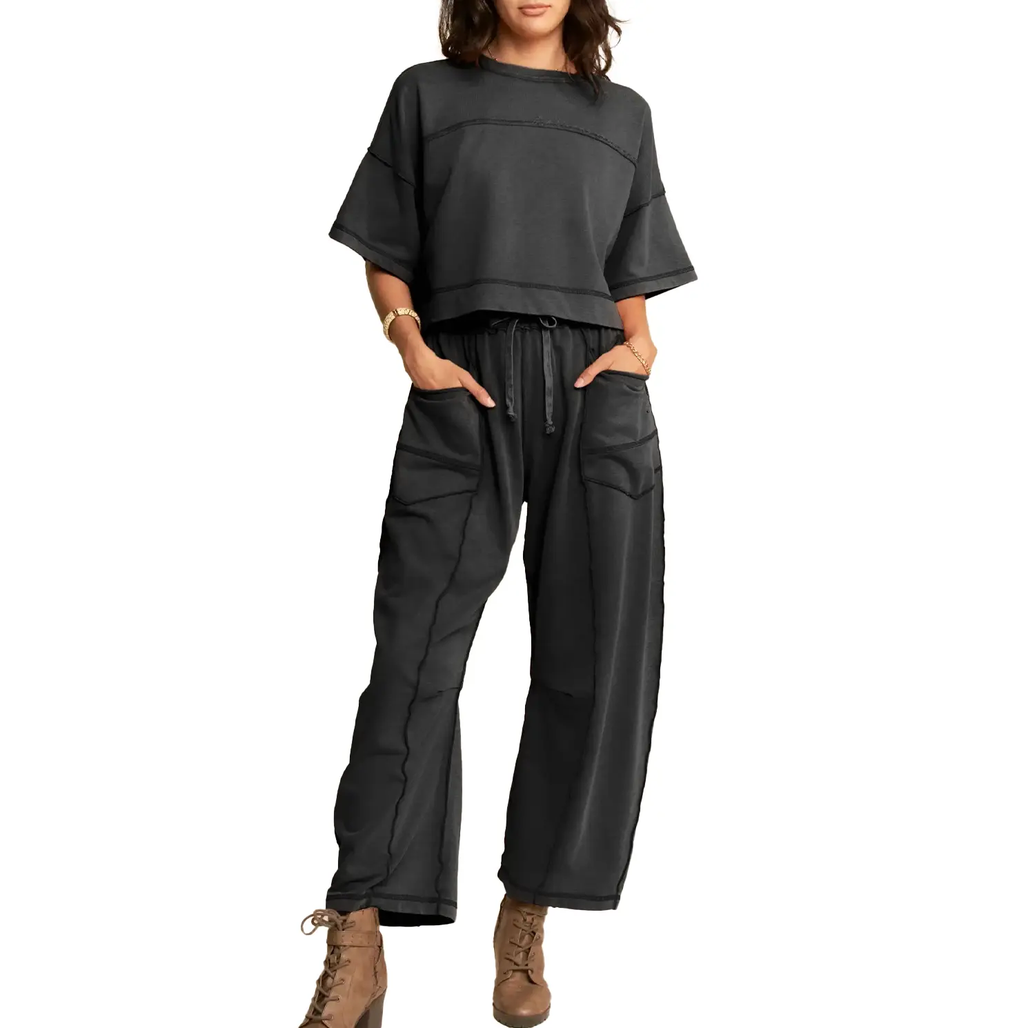 Duyang Womens 2 Pieces Sweatsuit Set Cropped Boxy T Shirt Drawstring Wide Leg Pant Travel Tracksuit Lounge Outfits