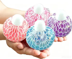Sensory Squishy Balls for Adults Pack of 4 Glitter Mesh Grape Squeeze Balls for Anxiety Stress Relief Hand Exercise Blue Purple Coral Pink