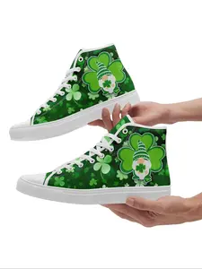 Men's St. Patrick's Day Gnome & Four-leaf Clover Design Sneakers, Casual Lace Up Front High Top Sneakers for Outdoor Sports and Daily Wear, Runner