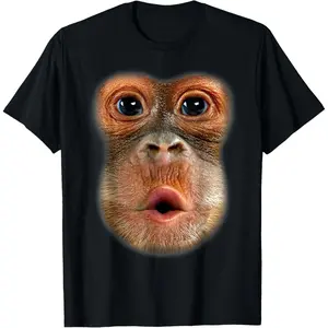 Unisex Round Neck Short-Sleeve Cotton Knit Casual Graphic T-Shirt - Funny Monkey Face Design, Sports Top for Halloween Costume