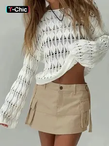 Sweet Soft Hollow Out Round Neck Knit Sweater, Spring & Fall Loose Fit Casual Everyday Long Sleeve Top, Unique Design Sun Protection Shirt, Knitwear, Womenswear