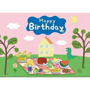 Spring 1st Birthday Backdrop Shower Tree Balloon Blue Banner Pig Family House Backdrop Photo Photography Animal